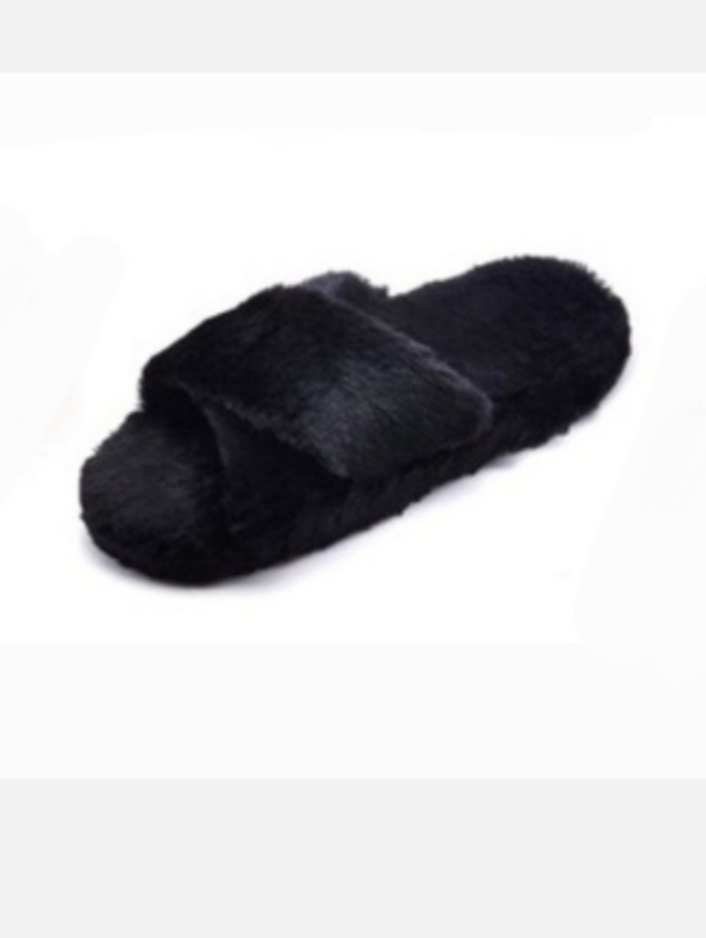 Black Faux Fur Fuzzy Crossband Plush Slippers S (5.5-6.5)